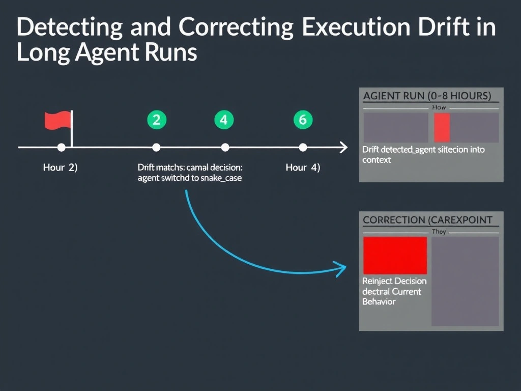 A landscape infographic (2048x1536) titled 'Detecting and Correcting Execution Drift in Long Agent Runs'. A timeline arrow across the top labeled 'Agent Run (0–8 hours)'. At hour 0, a flag labeled 'Decision: camelCase naming'. At hours 2, 4, and 6, checkpoint icons. The hour-2 and hour-4 checkpoints show green drift-check icons labeled 'Matches original decision'. The hour-6 checkpoint shows a red warning icon labeled 'Drift detected: agent switched to snakecase'. Below hour 6, a correction arrow loops back with the label 'Reinject original decision into context'. On the right side, a comparison panel shows 'Recorded Decision vs. Current Behavior' with a red highlight on the mismatch. Color palette: dark background, green for compliant checkpoints, red for drift, blue for the correction arrow.