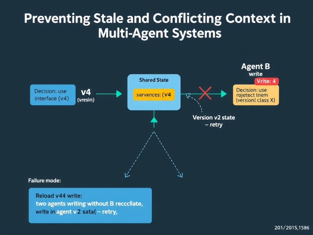 A landscape infographic (2048x1536) titled 'Preventing Stale and Conflicting Context in Multi-Agent Systems'. Center: a shared state store database labeled 'Shared State (versioned)' with a version counter badge showing 'v4'. Left: Agent A writes 'Decision: use interface X' — state advances to v4. Right: Agent B attempts to write 'Decision: use abstract class X' with an outdated version tag 'v2'. A red X blocks the write with the label 'Write rejected — version mismatch (v2 != v4)'. Below Agent B, a reload arrow labeled 'Reload v4 state → reconcile → retry'. Contrast panel in the bottom-left shows the failure mode: two agents writing without version checks, resulting in a conflict symbol. Color palette: dark slate, blue for Agent A writes, amber for Agent B, red for conflict/rejection, green for successful reconciliation. Clean, technical, diagrammatic style.