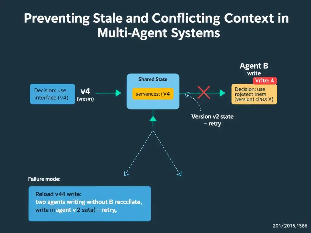 A landscape infographic (2048x1536) titled 'Preventing Stale and Conflicting Context in Multi-Agent Systems'. Center: a shared state store database labeled 'Shared State (versioned)' with a version counter badge showing 'v4'. Left: Agent A writes 'Decision: use interface X' — state advances to v4. Right: Agent B attempts to write 'Decision: use abstract class X' with an outdated version tag 'v2'. A red X blocks the write with the label 'Write rejected — version mismatch (v2 != v4)'. Below Agent B, a reload arrow labeled 'Reload v4 state → reconcile → retry'. Contrast panel in the bottom-left shows the failure mode: two agents writing without version checks, resulting in a conflict symbol. Color palette: dark slate, blue for Agent A writes, amber for Agent B, red for conflict/rejection, green for successful reconciliation. Clean, technical, diagrammatic style.