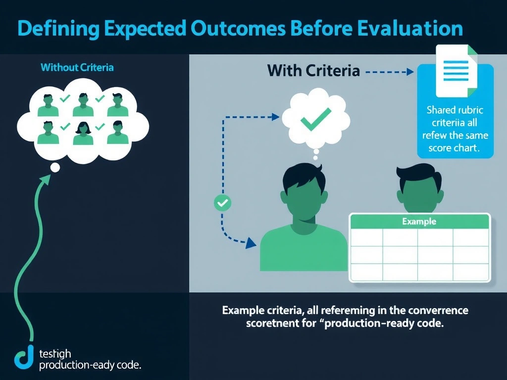 2048x1536 landscape educational infographic titled 'Defining Expected Outcomes Before Evaluation' showing two evaluation flows side by side. Left flow labeled 'Without Criteria': multiple reviewer icons with different thought bubbles containing different checkmarks/symbols, converging to a chaos symbol. Right flow labeled 'With Criteria': a shared rubric document icon at the top with 5 bullet-point criteria listed, multiple reviewer icons all referencing the same rubric, converging to a consistent score chart. Bottom section shows example criteria for 'production-ready code'. Clean blue and green tech style on dark background.