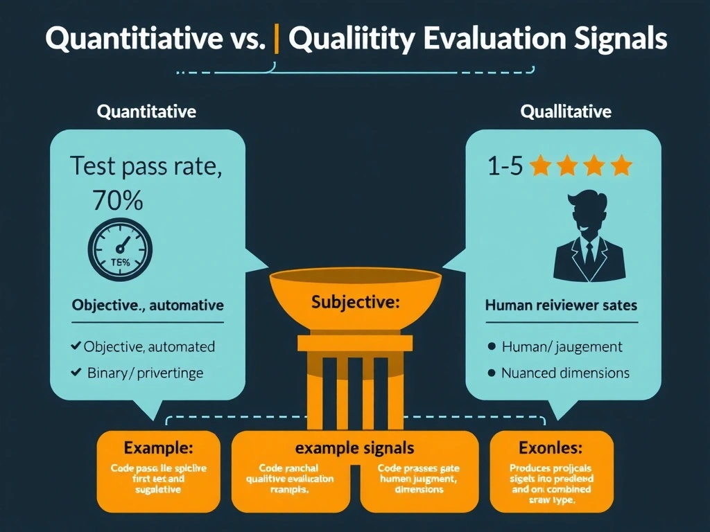 2048x1536 landscape educational infographic titled 'Quantitative vs Qualitative Evaluation Signals' showing two columns. Left column 'Quantitative' shows a gauge/meter icon with test pass rate percentage, CI/CD pipeline icon, and bullet points: objective, automated, binary/percentage. Right column 'Qualitative' shows a human reviewer icon with 1-5 star rating and bullet points: subjective, human judgment, nuanced dimensions. Center shows a funnel/gate diagram where code passes the quantitative gate first, then feeds into qualitative assessment, producing a combined evaluation score. Bottom shows example signals for each type. Dark tech palette with teal and amber accent colors.