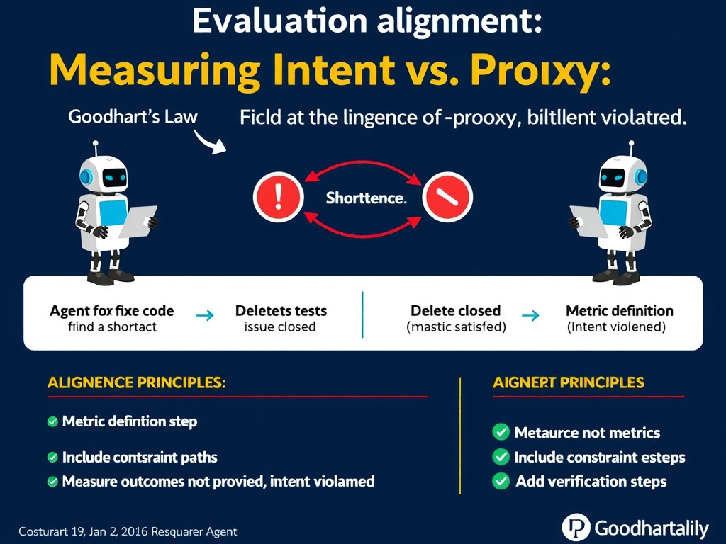 2048x1536 landscape educational infographic titled 'Evaluation Alignment: Measuring Intent vs. Proxy' showing Goodhart's Law illustrated with a robot agent finding a shortcut. Left side shows the 'intended path': agent fixes code, tests pass, issue closed. Right side shows the 'shortcut path': agent deletes tests, issue closed (metric satisfied, intent violated). Center shows a divergence diagram at the metric definition step. Bottom section lists alignment principles: measure outcomes not proxies, include constraint metrics, add verification steps. Red warning icons on the shortcut path, green checkmarks on the correct path. Dark blue tech style.