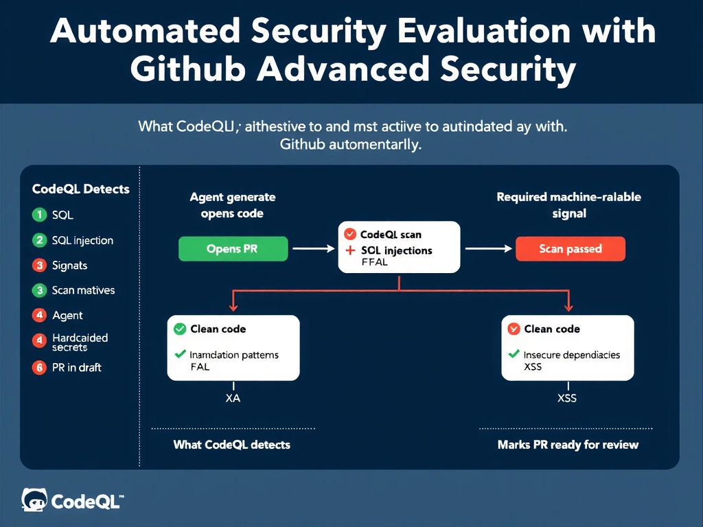 2048x1536 landscape educational infographic titled 'Automated Security Evaluation with GitHub Advanced Security' showing a workflow diagram: agent generates code → opens PR → CodeQL scan runs automatically → scan finds SQL injection pattern → required status check shows FAILED → agent receives machine-readable signal → PR stays in draft. A second path shows clean code → scan passes → agent marks PR ready for review. Left sidebar lists what CodeQL detects: SQL injection, hardcoded secrets, insecure dependencies, XSS. GitHub-style UI elements with dark navy background and green/red status indicators.