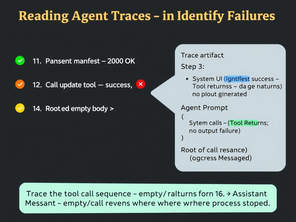 Landscape 2048x1536 infographic titled 'Reading Agent Traces to Identify Failures'. Main section shows a vertical trace timeline with numbered steps: Step 1 (green checkmark) 'Fetch dependency manifest — 200 OK', Step 2 (green checkmark) 'Parse manifest — success', Step 3 (amber warning) 'Call update tool — returned empty body {}', Step 4 (red X) 'Agent halted — no output generated'. An annotation arrow points to Step 3 labeled 'Root of silent failure'. Right sidebar shows a legend of trace artifact types: System Prompt (gray), Tool Calls (blue), Tool Returns (orange), Assistant Messages (green). Bottom banner: 'Trace the tool call sequence — empty/error returns reveal where progress stopped'. GitHub dark-mode color scheme.