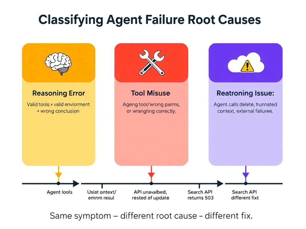 Landscape 2048x1536 infographic titled 'Classifying Agent Failure Root Causes'. Three columns with colored headers: Left column (orange) 'Reasoning Error' — brain icon, text 'Valid tools + valid environment + wrong conclusion', example: 'Agent loops on empty result instead of branching correctly'. Center column (red) 'Tool Misuse' — wrench with X icon, text 'Wrong tool, wrong params, or wrong timing', example: 'Agent calls delete instead of update'. Right column (purple) 'Context/Environment Issue' — cloud with warning icon, text 'API unavailable, truncated context, external failure', example: 'Search API returns 503'. Bottom section shows the scenario trace with arrows pointing to the 'Reasoning Error' column. Annotation: 'Same symptom — different root cause — different fix'. Clean infographic style, GitHub color palette.