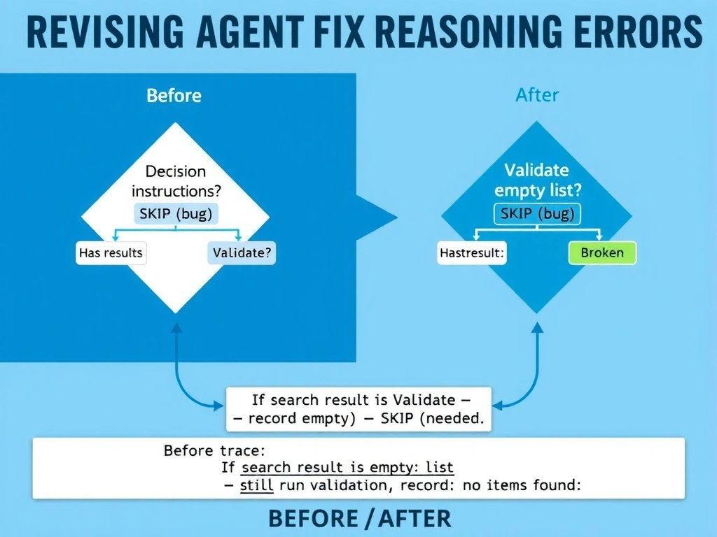 Landscape 2048x1536 infographic titled 'Revising Agent Instructions to Fix Reasoning Errors'. Left panel shows a decision flowchart labeled 'Before (broken)': diamond shape 'Search result?' with two branches — 'Has results → Validate' and 'Empty list → SKIP (bug)'. Right panel shows the same flowchart 'After (fixed)': same diamond but both branches now go through 'Validate — record empty if needed'. Center highlight box shows the new instruction text in monospace font: 'If search result is empty list → still run validation → record: no items found'. Bottom strip shows before/after trace comparison with the skipped step highlighted in red (before) and the executed step highlighted in green (after). GitHub-blue and white color scheme.