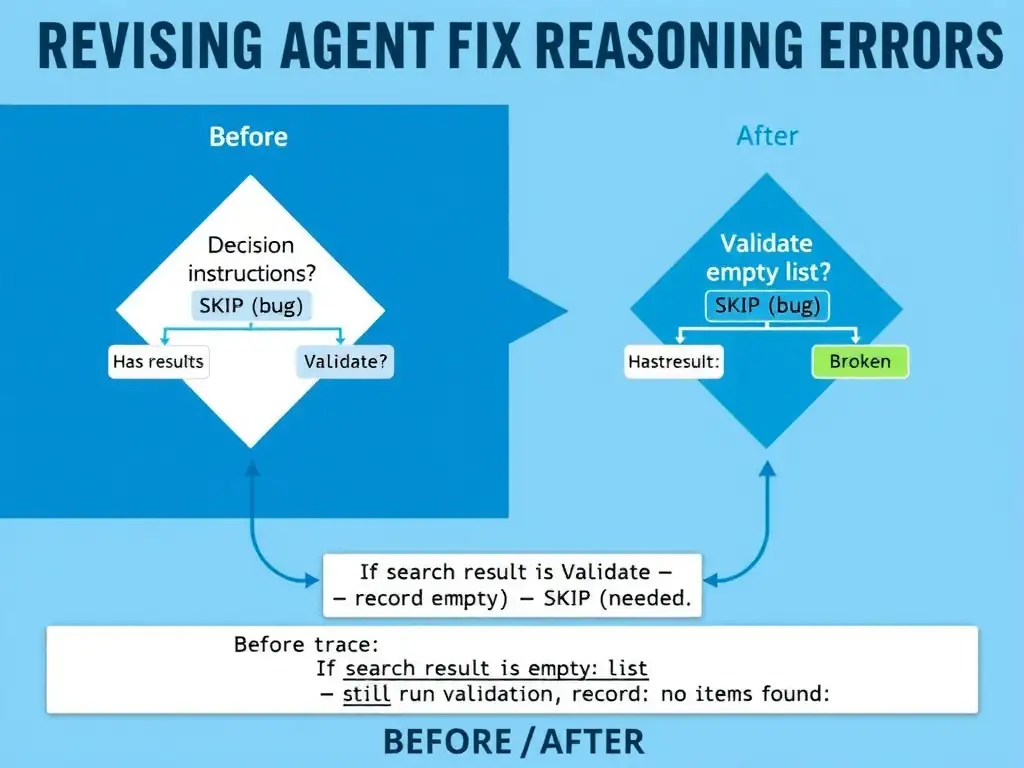 Landscape 2048x1536 infographic titled 'Revising Agent Instructions to Fix Reasoning Errors'. Left panel shows a decision flowchart labeled 'Before (broken)': diamond shape 'Search result?' with two branches — 'Has results → Validate' and 'Empty list → SKIP (bug)'. Right panel shows the same flowchart 'After (fixed)': same diamond but both branches now go through 'Validate — record empty if needed'. Center highlight box shows the new instruction text in monospace font: 'If search result is empty list → still run validation → record: no items found'. Bottom strip shows before/after trace comparison with the skipped step highlighted in red (before) and the executed step highlighted in green (after). GitHub-blue and white color scheme.