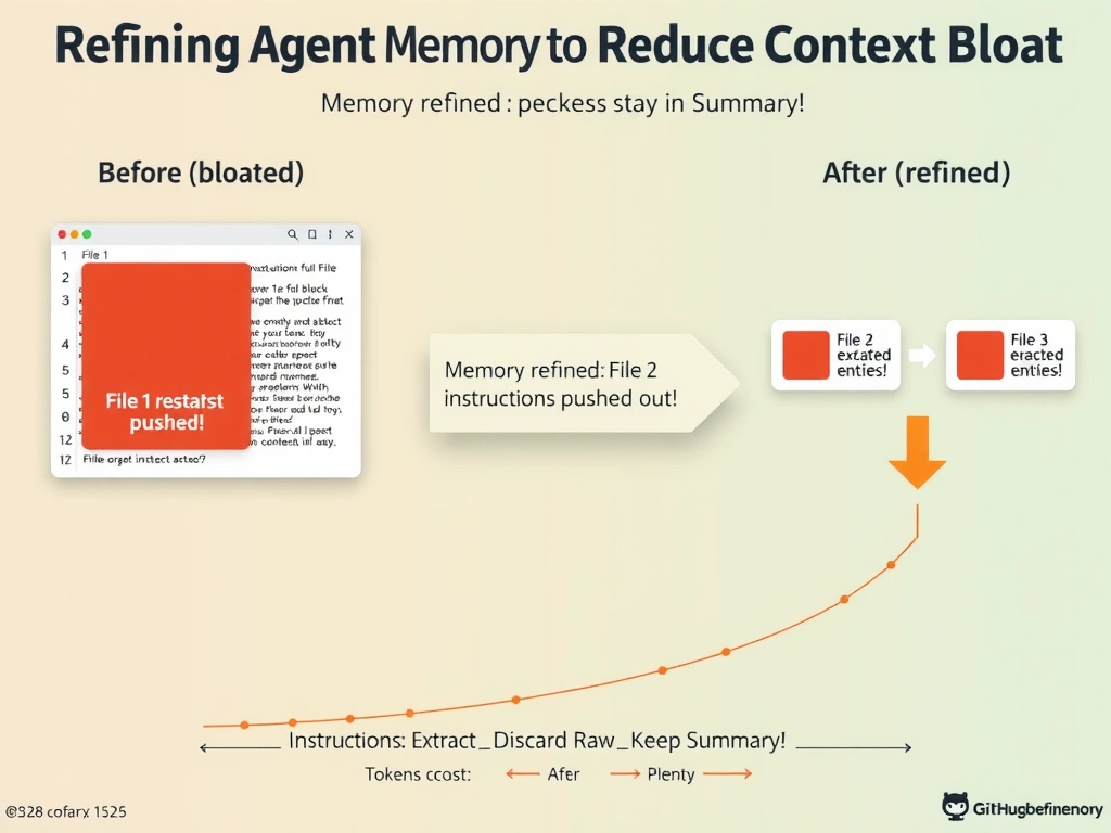 Landscape 2048x1536 infographic titled 'Refining Agent Memory to Reduce Context Bloat'. Left section labeled 'Before (bloated)' shows a context window filling up: File 1 full text (large block), File 2 full text (large block), File 3 full text (large block) — a red warning shows 'Instructions pushed out!'. Right section labeled 'After (refined)' shows: File 1 summary (small block), File 2 key facts (small block), File 3 extracted entities (small block), with plenty of space remaining and 'Instructions stay in context!'. Center arrow labeled 'Memory Refinement: Extract → Discard Raw → Keep Summary'. Bottom bar shows a token cost graph dropping after the refinement. GitHub color scheme.