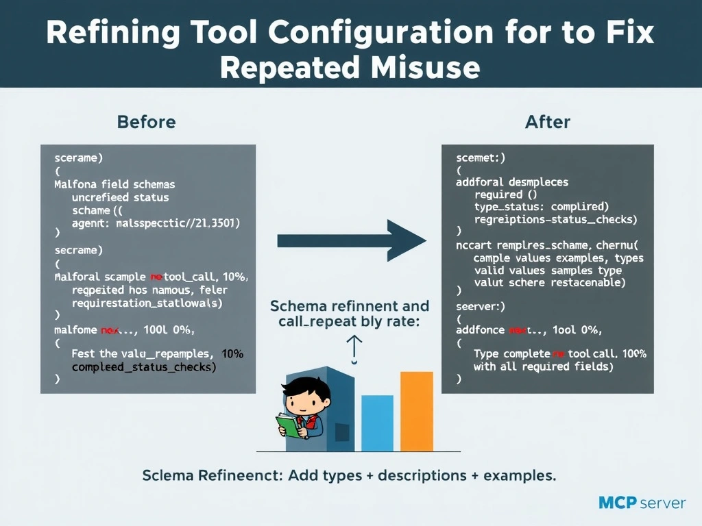 Landscape 2048x1536 infographic titled 'Refining Tool Configuration to Fix Repeated Misuse'. Left panel labeled 'Before (underspecified schema)' shows a JSON schema snippet with vague field names and no descriptions or examples — agent output shows a malformed tool call with missing 'requiredstatuschecks' field. Right panel labeled 'After (refined schema)' shows the same schema with clear field names, type annotations, and example values filled in — agent output shows a valid complete tool call with all required fields. Center arrow labeled 'Schema Refinement: Add types + descriptions + examples'. Bottom section shows a bar chart: 'Tool call error rate' dropping from 100% to near 0% after schema improvement. MCP server icon in corner. GitHub dark-mode design.