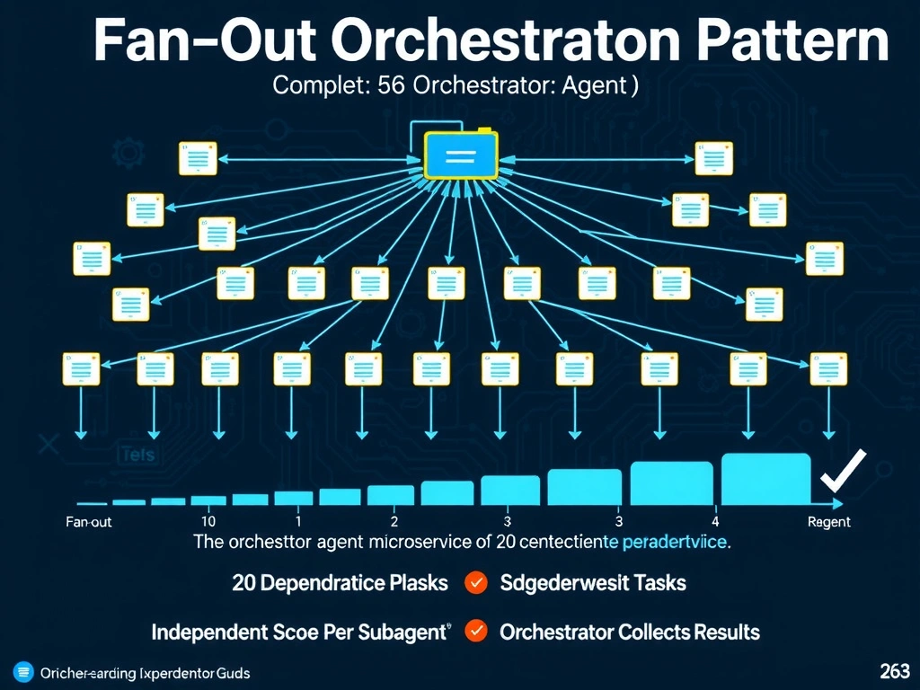 2048x1536 landscape educational infographic titled 'Fan-Out Orchestration Pattern' showing a central orchestrator agent at the top with 20 arrows fanning outward to 20 independent subagent icons, each connected to a different microservice repository box. A timeline comparison at the bottom shows sequential processing (long horizontal bar) vs fan-out (short parallel bars). Labels highlight: 'No Dependencies Between Tasks', 'Independent Scope Per Subagent', 'Orchestrator Collects Results'. A check mark shows each subagent completing independently. Dark blue tech style with teal fan-out arrows.