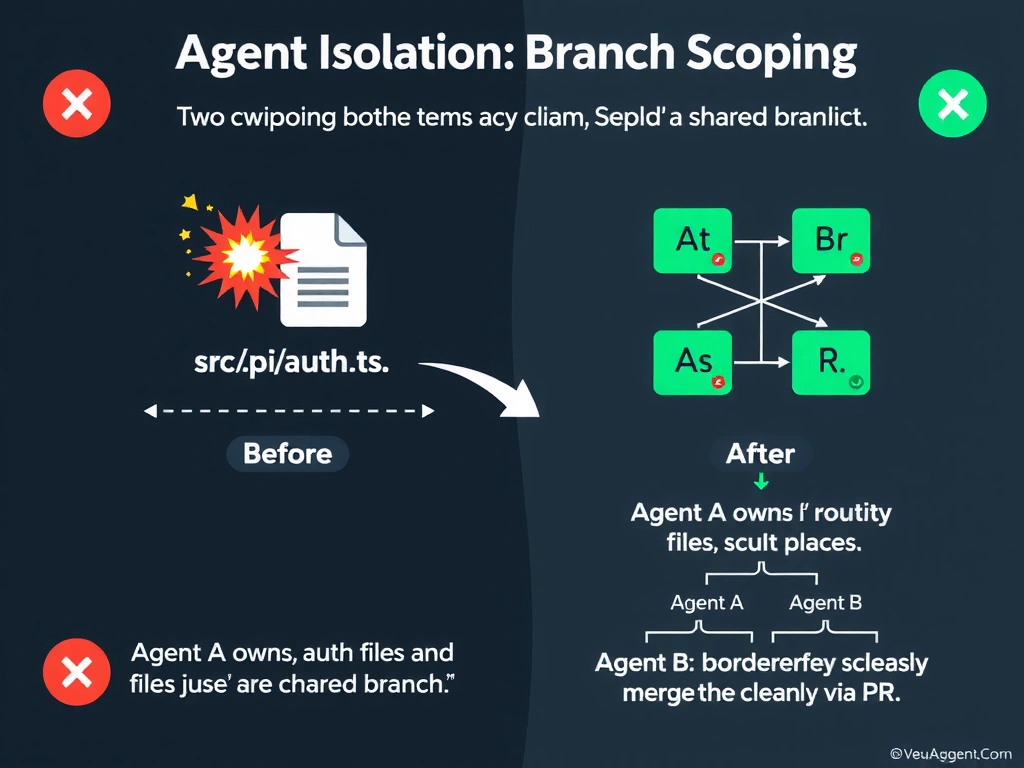 2048x1536 landscape educational infographic titled 'Agent Isolation: Branch Scoping & File Ownership' showing a before/after split. Before: two agent icons both pointing at the same 'src/api/auth.ts' file on a shared branch, with a conflict explosion icon. After: two agents on separate branches with a clear file ownership map — Agent A owns auth files, Agent B owns routing files, with a boundary line between them and no overlap. Branch diagram shows isolated branches merging cleanly via PR. Dark tech style with red conflict icon on left, green success on right.