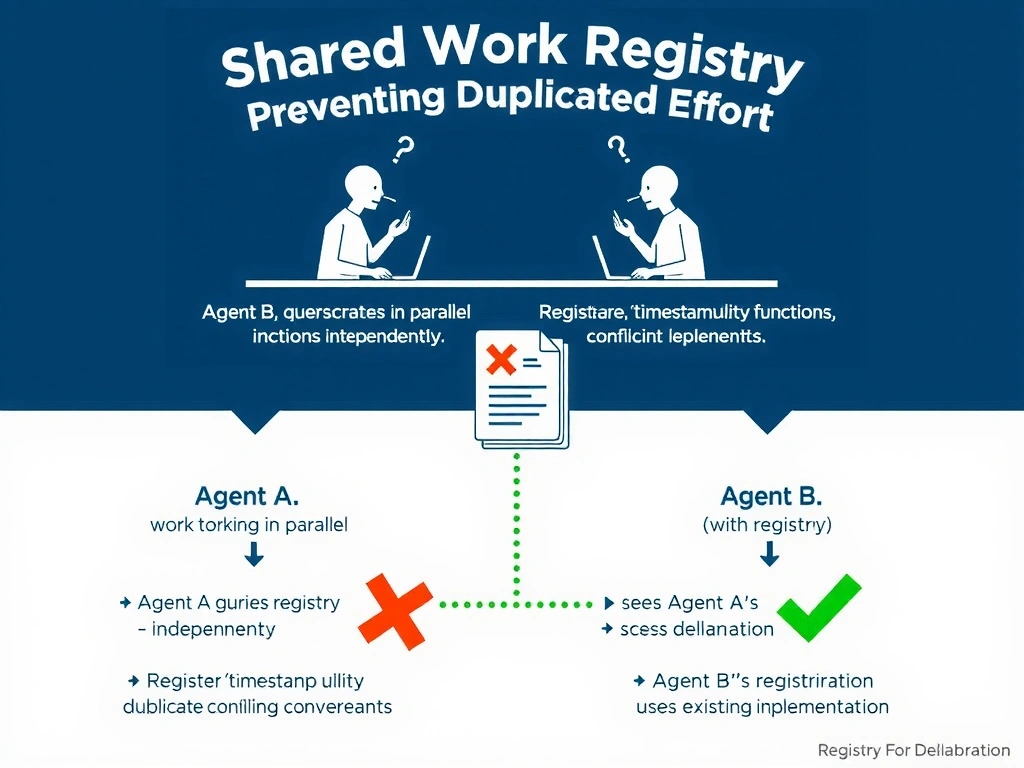 2048x1536 landscape educational infographic titled 'Shared Work Registry: Preventing Duplicated Effort' showing two scenarios. Top scenario (no registry): Agent A and Agent B working in parallel, both creating timestamp utility functions independently, converging to a codebase with duplicate conflicting implementations. Bottom scenario (with registry): Agent A queries registry → sees empty → registers 'timestamp utility' → implements. Agent B queries registry → sees Agent A's registration → uses existing implementation. Center shows a registry/manifest document with agent declarations. Dark blue style with red X on top scenario, green check on bottom.