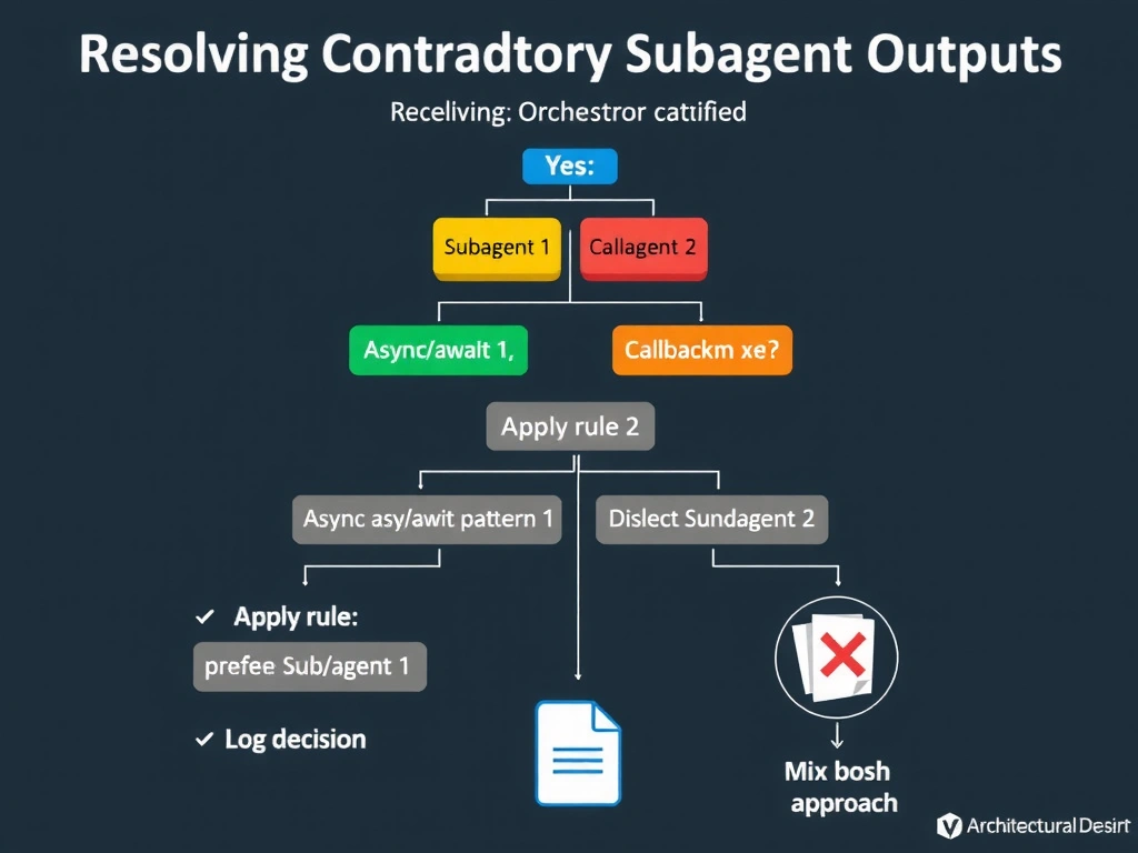 2048x1536 landscape educational infographic titled 'Resolving Contradictory Subagent Outputs' showing an orchestrator at the top receiving two contradictory code boxes from Subagent 1 (async/await pattern, green) and Subagent 2 (callbacks pattern, amber). A decision tree below the orchestrator shows: 'Is there a pre-defined architectural rule?' → Yes → 'Apply rule: prefer async/await' → Select Subagent 1 → Discard Subagent 2 → Log decision. A 'wrong approach' sidebar shows mixing both patterns with a red X. Bottom shows architectural decision document icon. Dark tech style.