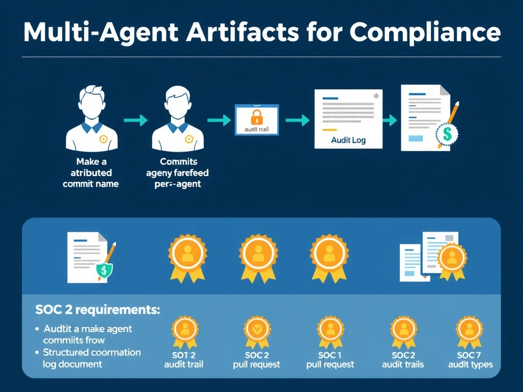 2048x1536 landscape educational infographic titled 'Multi-Agent Audit Artifacts for Compliance' showing a workflow: three agent icons each with unique identity badges → each making attributed commits labeled with agent name → commits feeding into a git log showing per-agent attribution → a structured coordination log document alongside → both linked from a pull request with 'audit trail' badge. Bottom section shows SOC 2 requirements mapped to artifact types. Compliance/security visual language with dark blue background, gold audit badge icons.