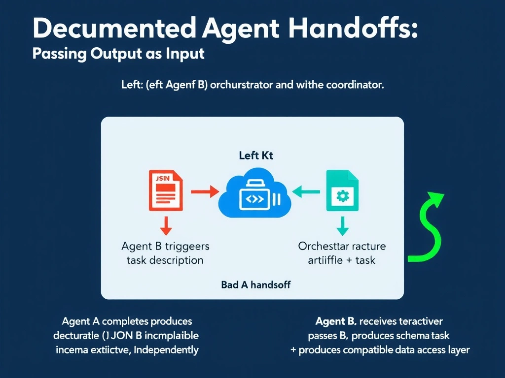 2048x1536 landscape educational infographic titled 'Documented Agent Handoffs: Passing Output as Input' showing two scenarios side by side. Left (bad handoff): orchestrator triggers Agent B with only a task description arrow, Agent B produces incompatible schema independently, red conflict icon. Right (correct handoff): Agent A completes → orchestrator captures schema artifact (JSON file icon) → orchestrator passes artifact explicitly to Agent B → Agent B receives schema + task → produces compatible data access layer. Center shows orchestrator as the coordinator with explicit artifact transfer step highlighted. Dark blue tech style with green success path on right.