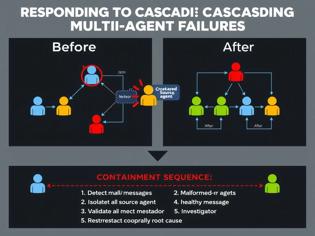 2048x1536 landscape educational infographic titled 'Responding to Cascading Multi-Agent Failures' showing a before/after network diagram. Before: 5 agent nodes connected, one node (red/flashing) sending malformed JSON arrows to other nodes which turn amber/degraded. After: the bad node is isolated/quarantined with a barrier icon, orchestrator sits between agents with a message validation/filter layer, the 4 healthy agents restored to green. A containment sequence diagram at the bottom: 1. Detect malformed messages, 2. Isolate source agent, 3. Validate all messages at orchestrator, 4. Restore healthy coordination, 5. Investigate root cause. Dark tech style with red/amber/green status colors.