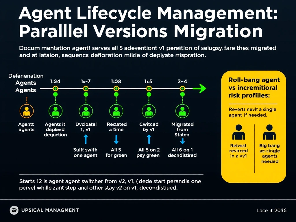 2048x1536 landscape educational infographic titled 'Agent Lifecycle Management: Parallel Version Migration' showing a timeline-based migration diagram. At the start, documentation agent v1 serves all 5 dependent agents (all connections green). v2 is deployed alongside v1. Then agents 1-5 are migrated one at a time in sequence — each step shows one more agent switching from v1 to v2 (blue) while others stay on v1 (green). Final state: all 5 on v2, v1 decommissioned. A rollback arrow shows reverting a single agent if needed. Side panel compares big-bang vs incremental risk profiles. Dark tech style.