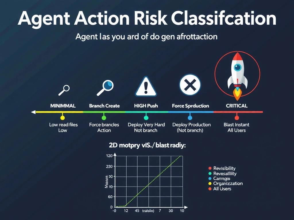 2048x1536 landscape educational infographic titled 'Agent Action Risk Classification' showing a risk spectrum from left to right: 'MINIMAL' (read files icon, magnifying glass) → 'LOW' (branch create icon, git branch symbol) → 'HIGH' (force push icon, warning triangle, main branch) → 'CRITICAL' (deploy to production icon, rocket with blast radius circle). Each level shows: action name, reversibility rating (Easy/Hard/Very Hard/Not Instant), blast radius (Self/Team/Organization/All Users). A 2D grid at bottom plots reversibility vs. blast radius with all four actions mapped. Dark tech style with green/yellow/orange/red risk color coding.