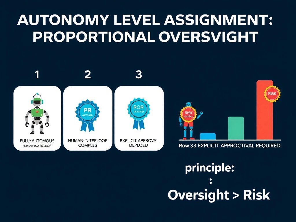 2048x1536 landscape educational infographic titled 'Autonomy Level Assignment: Proportional Oversight' showing three rows representing the three actions. Row 1: Branch Creation → 'FULLY AUTONOMOUS' (robot icon alone, green badge). Row 2: PR Merge → 'HUMAN-IN-THE-LOOP' (robot + human reviewer icon side by side, blue badge, human reviews before action completes). Row 3: Production Deploy → 'EXPLICIT APPROVAL REQUIRED' (robot waiting, human with approve button, red/gold badge, human must actively authorize). Right side shows a risk level bar increasing from row 1 to row 3. Bottom shows the principle: 'Oversight ∝ Risk'. Dark navy tech style.