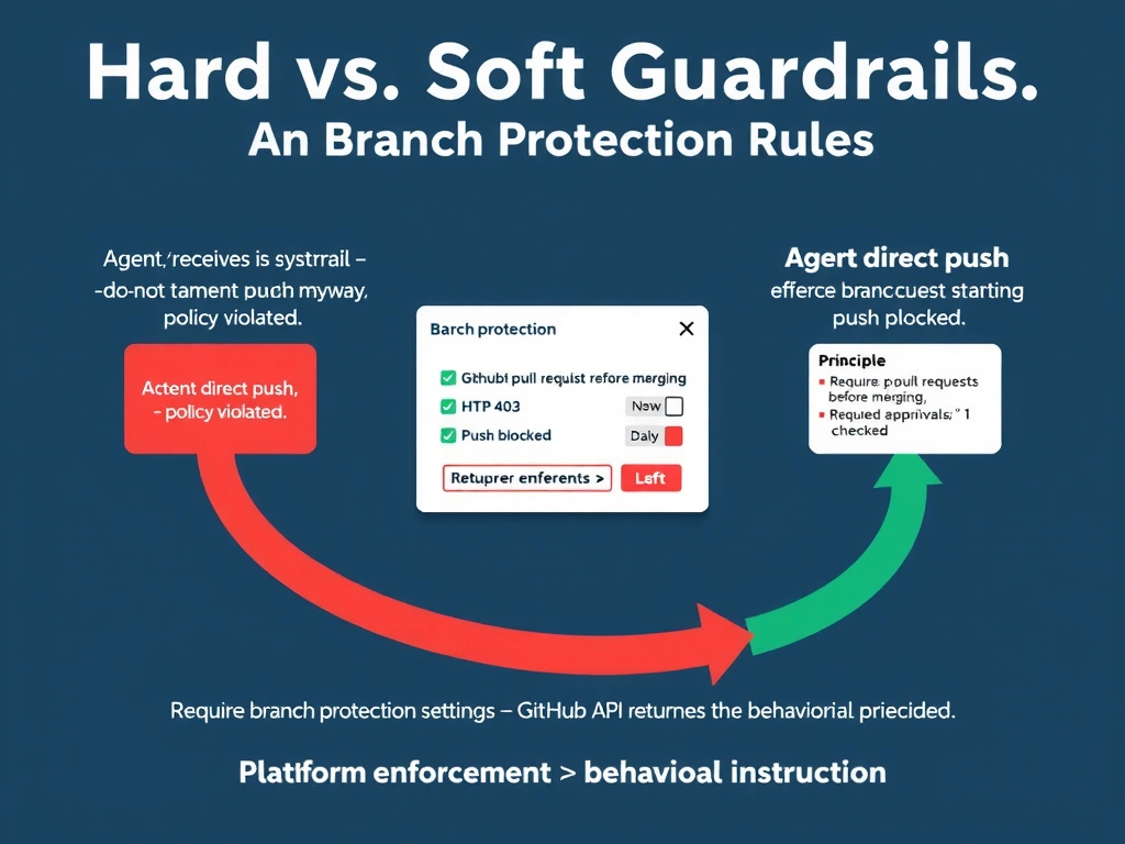 2048x1536 landscape educational infographic titled 'Hard vs. Soft Guardrails: Branch Protection Rules' showing two paths. Left path (soft guardrail - system prompt): agent receives instruction 'do not push to main' in prompt → agent attempts direct push anyway → push succeeds → policy violated. Right path (hard guardrail - branch protection): agent attempts direct push → GitHub API enforces branch protection → HTTP 403 returned → push blocked. Center shows GitHub branch protection settings UI mockup with 'Require pull request before merging' and 'Required approvals: 1' checked. Bottom shows the principle: 'Platform enforcement > behavioral instruction'. Dark blue style with red blocked path and green enforced path.
