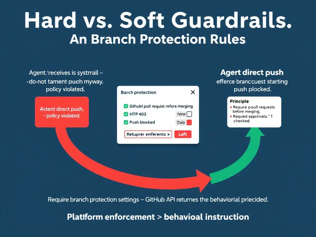 2048x1536 landscape educational infographic titled 'Hard vs. Soft Guardrails: Branch Protection Rules' showing two paths. Left path (soft guardrail - system prompt): agent receives instruction 'do not push to main' in prompt → agent attempts direct push anyway → push succeeds → policy violated. Right path (hard guardrail - branch protection): agent attempts direct push → GitHub API enforces branch protection → HTTP 403 returned → push blocked. Center shows GitHub branch protection settings UI mockup with 'Require pull request before merging' and 'Required approvals: 1' checked. Bottom shows the principle: 'Platform enforcement > behavioral instruction'. Dark blue style with red blocked path and green enforced path.