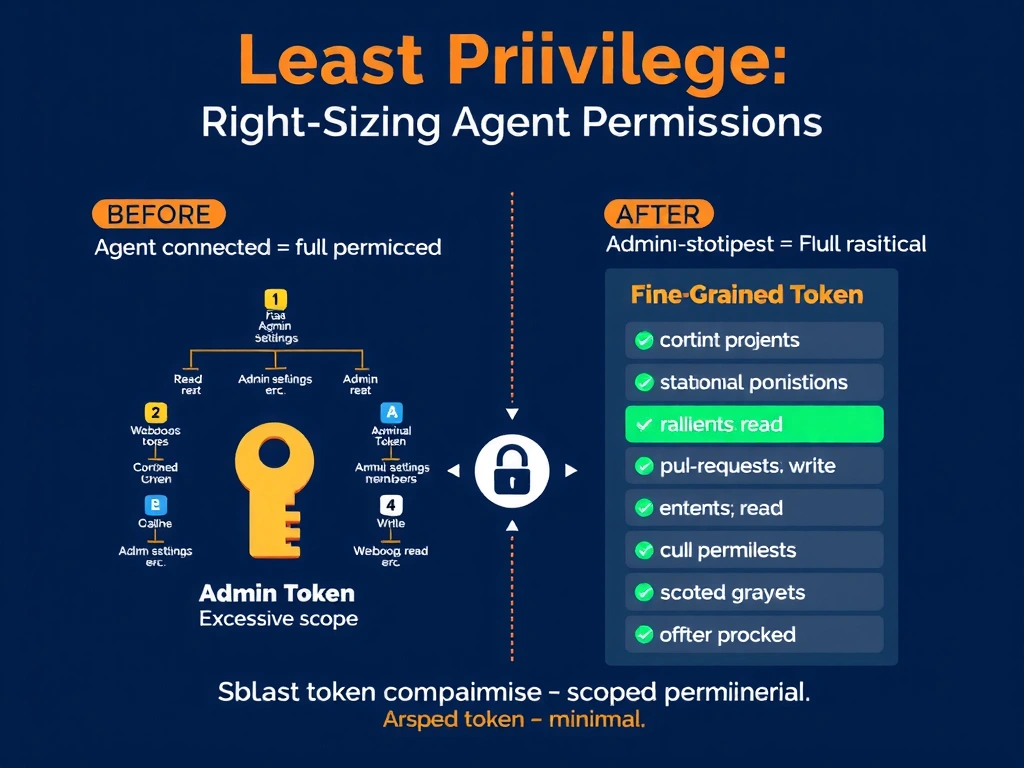 2048x1536 landscape educational infographic titled 'Least Privilege: Right-Sizing Agent Permissions' showing a before/after comparison. Before: agent connected to GitHub with a large 'Admin Token' key icon giving access to a full permission tree (read, write, admin settings, webhooks, members, etc.) — all highlighted with an excessive scope warning. After: agent connected with a small 'Fine-Grained Token' key icon scoped to only two permissions highlighted in green: 'contents: read' and 'pull-requests: write', all other permissions grayed out/locked. Center shows the blast radius comparison: admin token compromise = catastrophic, scoped token compromise = minimal. Dark blue tech style.