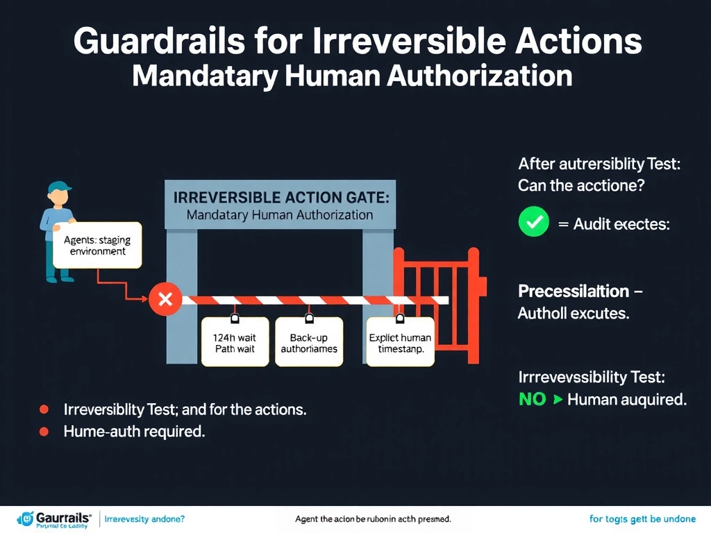 2048x1536 landscape educational infographic titled 'Guardrails for Irreversible Actions: Mandatory Human Authorization' showing a decision gate diagram. Agent identifies staging-legacy environment for deletion → arrives at 'IRREVERSIBLE ACTION GATE' barrier icon → gate has four paths shown: (1) 'Log only' — path blocked with red X; (2) '24h wait' — path blocked with red X; (3) 'Back up names' — path blocked with red X; (4) 'Explicit human authorization' — green checkmark, gate opens. After authorization: action executes → audit log records named authorizer + timestamp. Right side panel: 'Irreversibility Test: Can the action be undone? NO → Human auth required.' Dark security-focused style with red gate barriers and green authorized path.
