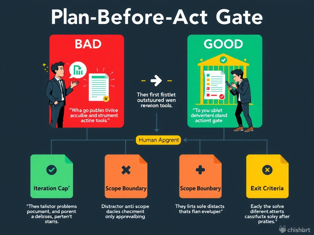2048x1536 landscape infographic titled 'Plan-Before-Act Gate'. Left panel shows a red 'BAD' workflow: agent icon immediately invoking file-delete and rewrite tools the moment it starts, with shocked developer watching. Right panel shows a green 'GOOD' workflow: agent first outputs a structured plan document with bullet-point action list, a 'Human Approval' checkpoint gate (yellow gate icon with checkmark), then execution begins only after approval. Bottom row shows three distractor anti-patterns labeled with X: 'Iteration Cap', 'Scope Boundary', 'Exit Criteria' — each with a brief note explaining they solve different problems. Clean technical illustration style, GitHub dark color palette.
