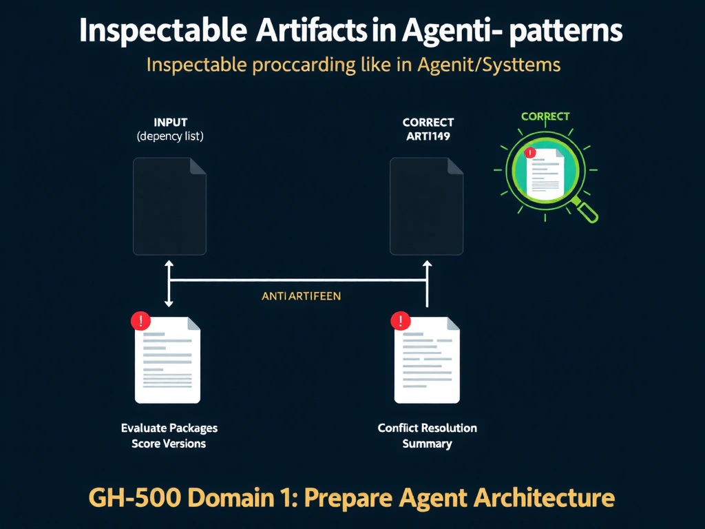 A wide 2048x1536 landscape educational infographic titled 'Inspectable Artifacts in Agentic Systems' for a GitHub AI certification course. CENTER of image shows an agent workflow pipeline: Input (dependency list) -> three Agent Processing Steps (Evaluate Packages, Score Versions, Resolve Conflicts) -> Output (Pull Request). In the ANTI-PATTERN version above, the three intermediate steps are black/empty boxes labeled 'No Artifact' with red warning icons. In the CORRECT version below, each step has a glowing document icon floating above it: a 'Package Evaluation Report', 'Version Scoring Log', and 'Conflict Resolution Summary'. An audit magnifying glass icon on the right can read the artifacts in the correct version but shows an error icon over the anti-pattern. GitHub dark theme (#0d1117 background), white text, green (#2da44e) for artifacts, red (#f85149) for missing artifacts. Footer: 'GH-600 Domain 1: Prepare Agent Architecture'.