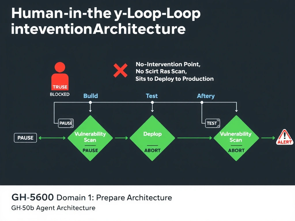A wide 2048x1536 landscape educational infographic titled 'Human-in-the-Loop Intervention Architecture' for a GitHub AI certification course. The main visual shows a release pipeline: Trigger -> Build -> Test -> Vulnerability Scan -> Deploy to Production. In the ANTI-PATTERN (red, top half), a red 'BLOCKED' operator icon tries to stop the agent but a red X shows 'No Intervention Point' — the agent runs straight through to Deploy with no pause. In the CORRECT ARCHITECTURE (green, bottom half), the pipeline has three green PAUSE diamonds (after Build, after Scan, after Test) where an operator icon can interact: a control panel shows 'Pause | Override | Abort' buttons. A critical alert icon at the Vulnerability Scan stage shows the operator successfully clicking ABORT in the correct version. GitHub dark theme, flat design, white text, green (#2da44e) correct path, red (#f85149) wrong path. Footer: 'GH-600 Domain 1: Prepare Agent Architecture'.