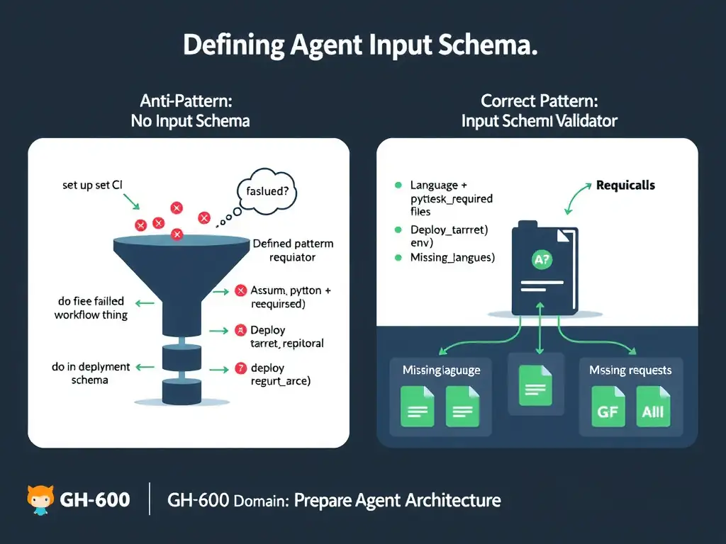 A wide 2048x1536 landscape educational infographic titled 'Defining Agent Input Schema' for a GitHub AI certification course. LEFT PANEL labeled 'Anti-Pattern: No Input Schema' shows a funnel where vague requests like 'set up CI' and 'do the deployment thing' fall in unfiltered, pass straight to an Agent box, which then outputs three red failed workflow files with X marks. A thought bubble above the agent reads '?? Assuming Python + pytest + Heroku'. RIGHT PANEL labeled 'Correct Pattern: Defined Input Schema' shows the same funnel but with a validation gate labeled 'Input Schema Validator' that shows required fields: language (required), testframework (required), deploytarget (required), env (optional). Incomplete requests are rejected with 'Missing: language'. Complete requests flow through to the Agent box and produce green successful workflow files. GitHub dark theme, flat design. Footer: 'GH-600 Domain 1: Prepare Agent Architecture'.