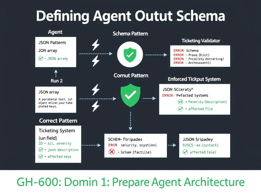 A wide 2048x1536 landscape educational infographic titled 'Defining Agent Output Schema' for a GitHub AI certification course. TOP HALF labeled 'Anti-Pattern: No Output Schema' shows an Agent box emitting three different outputs: a JSON array (run 1), a paragraph of text (run 2), and a partially formed object with inconsistent keys (run 3). Arrows from each lead to a downstream Ticketing System box showing red ERROR icons and lightning bolts. BOTTOM HALF labeled 'Correct Pattern: Enforced Output Schema' shows the same Agent box with a green 'Schema Validator' shield between the agent and the downstream system. The agent emits a consistently formatted JSON object with labeled fields (id, severity, description, affectedfile). The Ticketing System box shows green SUCCESS checkmarks. A small JSON Schema definition inset box shows the required field structure. GitHub dark theme, flat design, white text, green (#2da44e) successes, red (#f85149) errors. Footer: 'GH-600 Domain 1: Prepare Agent Architecture'.