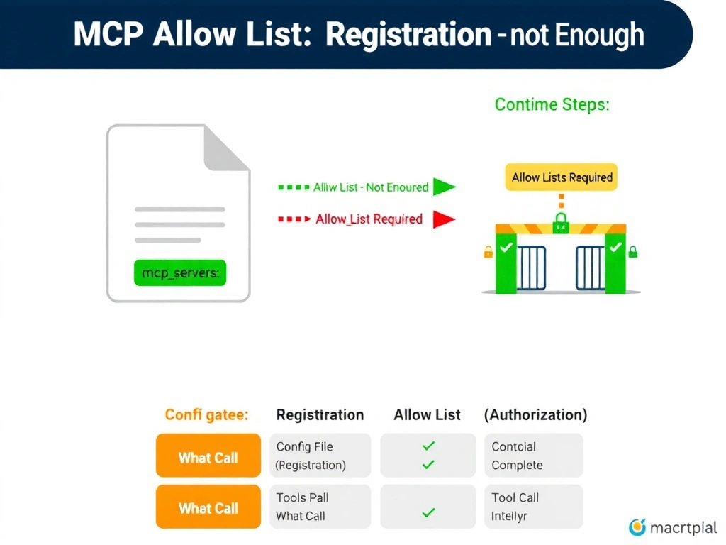 2048x1536 landscape infographic titled 'MCP Authentication Misconfiguration'. Left panel: agent sending connection request to MCP server, server showing CONNECTION REFUSED in red, developer's manual curl request succeeding with green checkmark showing Authorization Bearer TOKEN header. Right panel labeled 'FIX': MCP config file snippet showing mcpServers entry with auth header field added, connection now succeeding, green handshake icon. Center diagnostic flow: Server running? YES. Manual request works? YES. Agent request fails? Check auth headers in MCP config. Dark technical style, GitHub dark palette.