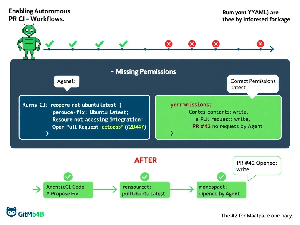 Educational infographic in landscape format (2048x1536), GitHub Actions workflow diagram style. Title: 'Enabling Autonomous PR Creation in CI Workflows'. Top section shows a workflow run timeline with a robot agent icon labeled 'Agentic CI Step' — green checkmarks on 'Analyze Code' and 'Propose Fix' steps, then a red X on 'Open Pull Request' step with a speech bubble showing 'Resource not accessible by integration'. Middle section is a split comparison: Left panel labeled 'BEFORE — Missing Permissions' shows a truncated YAML snippet with only 'runs-on: ubuntu-latest' and a red 'permissions: (none declared)' line. Right panel labeled 'AFTER — Correct Permissions Block' shows YAML with a highlighted green block: 'permissions: contents: write, pull-requests: write' with callout bubbles explaining what each permission enables. Bottom section shows the resulting successful workflow timeline — all three agent steps now have green checkmarks, ending with a pull request icon labeled 'PR #42 Opened by Agent.' Color palette: GitHub green (#2da44e), dark navy for code blocks, red for errors, amber for warnings. Monospace code font for YAML, clean sans-serif for labels.