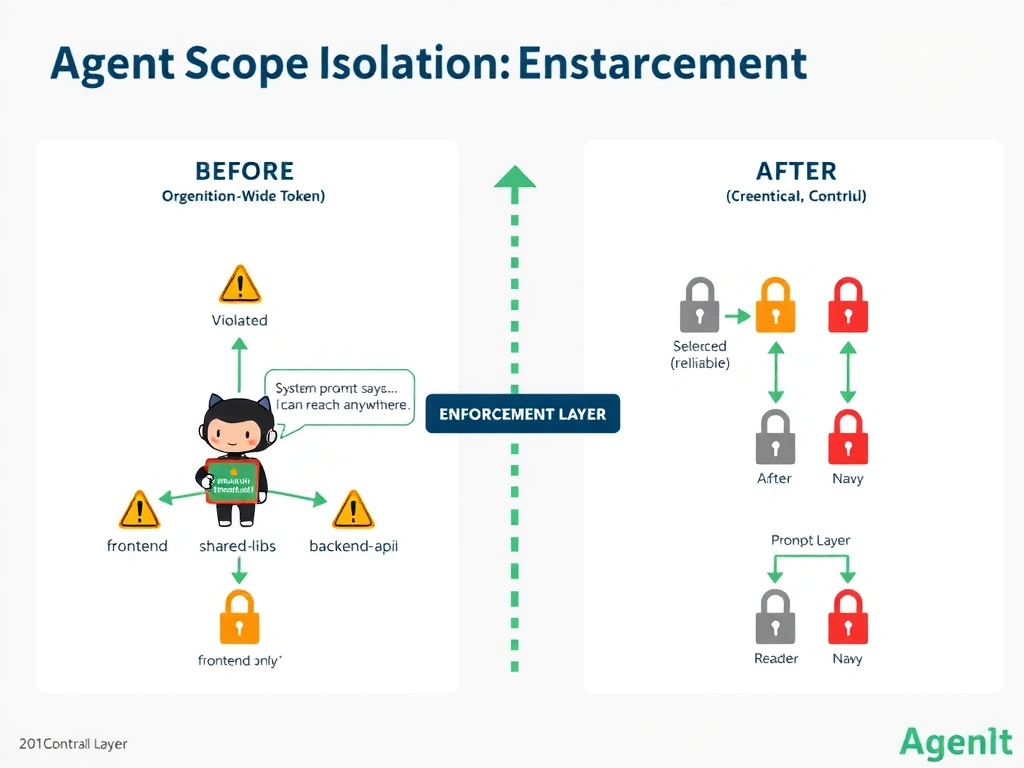 2048x1536 landscape infographic titled 'PR Base Branch Misconfiguration'. Left panel labeled 'BAD': agent receives vague instruction 'create a PR for the hotfix', tool call shown with base: null, GitHub API response showing PR created targeting 'develop' (default branch), red warning. Right panel labeled 'FIX': two-layer solution — Layer 1: updated system prompt 'create PR targeting release/v2.1', Layer 2: tool call with base: release/v2.1 explicitly set, PR now correctly targeting release branch, green checkmark. Bottom callout: 'Omit base parameter → API defaults to repo default branch.' GitHub dark palette.