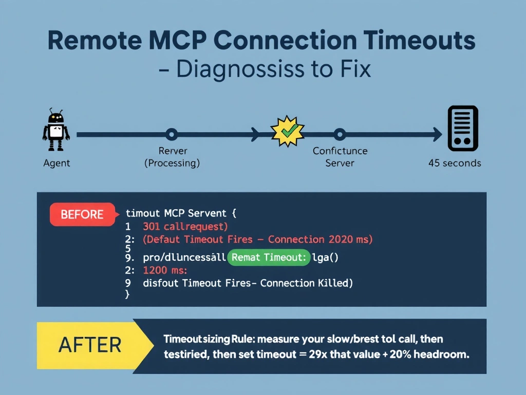 Educational infographic in landscape format (2048x1536), network connection timing diagram style. Title: 'GitHub Remote MCP Connection Timeouts: Diagnosis and Fix'. Top section shows a timeline diagram: left side labeled 'Agent (MCP Client)' with a robot icon; right side labeled 'Remote MCP Server' with a server rack icon. Between them, a horizontal timeline bar shows a tool call request arrow going right, then a long gap (labeled 'Server Processing: 45 seconds'), then a timeout explosion icon at the 30-second mark on the client side labeled 'Default Timeout Fires — Connection Killed.' A second timeline below shows the same request but with a wider timeout window (labeled 'Configured Timeout: 120s'), with the server response arriving successfully at 45 seconds — green checkmark. Middle section shows a code/config snippet comparison: Left labeled 'BEFORE' with red highlight on missing timeout parameter. Right labeled 'AFTER' with green highlight showing 'timeout: 120000' (in ms) added to the MCP server config entry. Bottom section shows a tip box: 'Timeout Sizing Rule: measure your slowest tool call in testing, then set timeout = 2x that value + 20% headroom.' Color palette: amber for timeout/warning states, green for success, red for failure, navy for headers.