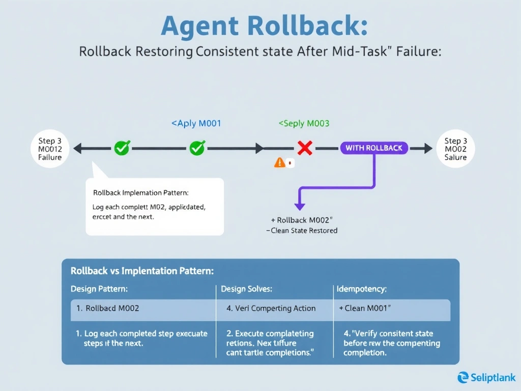 Educational infographic in landscape format (2048x1536), step-sequence diagram style with a database theme. Title: 'Agent Rollback: Restoring Consistent State After Mid-Task Failure'. Top section shows two horizontal timelines side by side. Left timeline labeled 'WITHOUT ROLLBACK': Step 1 (Apply M001) → green checkmark; Step 2 (Apply M002) → green checkmark; Step 3 (Apply M003) → red X (failure); Agent stops. Database icon shows '⚠ Partial State: M001+M002 applied, M003 missing.' Next run fails with a red error icon. Right timeline labeled 'WITH ROLLBACK': Same first three steps, Step 3 fails, but then a purple rollback arrow sequence appears going backwards: 'Rollback M002' → 'Rollback M001' → Database icon shows '✓ Clean State Restored.' Next run can start fresh from the beginning successfully. Middle section shows a design pattern box titled 'Rollback Implementation Pattern:' with a numbered list: 1. Log each completed step before executing the next; 2. On failure, iterate completed steps in reverse; 3. Execute compensating action for each; 4. Verify consistent state before signaling completion. Bottom shows a comparison row: 'Rollback' vs 'Idempotency' with clear single-sentence descriptions of what each solves. Color palette: green for success, red for failure, purple for rollback actions, amber for warning states, navy for headers.