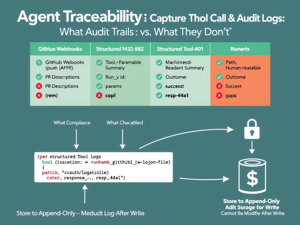 2048x1536 landscape infographic titled 'Agent Commit Traceability'. Left panel labeled 'BAD': commit log showing multiple commits all by ci-bot with no labels, audit team shown with question marks unable to distinguish agent vs human commits. Right panel labeled 'GOOD': two-layer approach shown — Layer 1: dedicated agent bot account (my-agent-bot[bot]) with unique avatar; Layer 2: commit message with Co-authored-by: MyAgent <agent@noreply.github.com> trailer highlighted. Sample git log showing agent commits clearly labeled, human commits showing human author. Bottom: 'Dedicated bot account + Co-authored-by trailer = full audit trail.' GitHub dark palette.