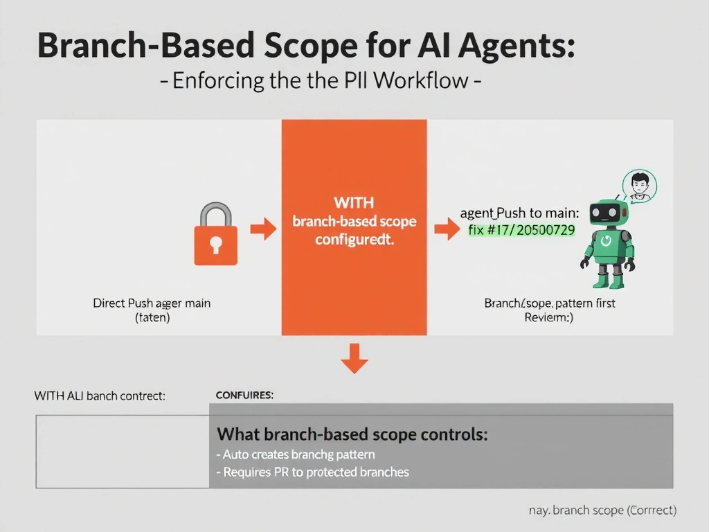 2048x1536 landscape infographic titled 'Tool Schema Synchronization After Server Update'. Left timeline: MCP Server v1 deployed, agent tool definitions configured (v1 schema), server updated to v2 with new parameter names and types, agent still using v1 definitions, tool call sent with old parameters, server returns parameter validation error in red. Right panel labeled 'FIX': schema sync process shown — detect version change, fetch updated tool schema from v2 server, update agent tool definitions, test tool calls against v2, redeploy agent. Bottom: 'CI/CD schema compatibility check prevents drift.' GitHub dark palette.