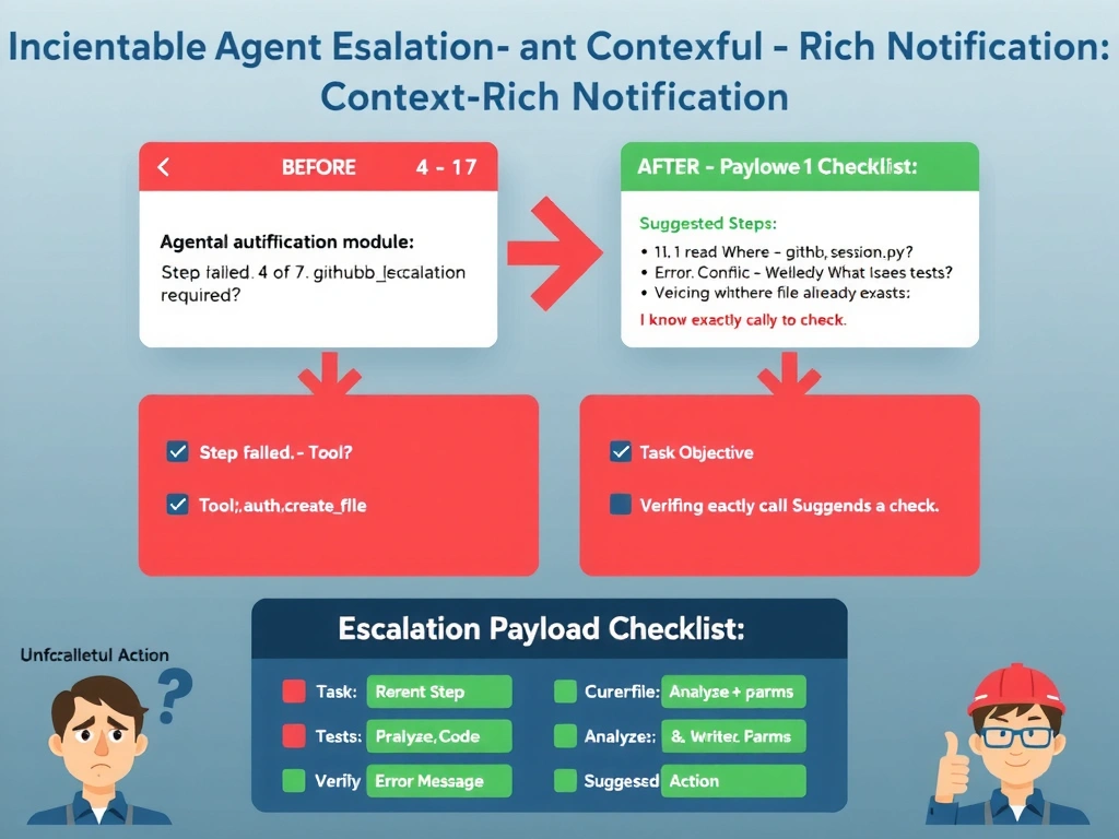 Educational infographic in landscape format (2048x1536), incident response and notification design style. Title: 'Actionable Agent Escalation: Context-Rich Notifications'. Top section shows two notification card mockups side by side. Left card labeled 'BEFORE — Unhelpful Escalation' with a red header: Large text reads 'Agent Run Failed. Human intervention required.' Nothing else. Below it, a frustrated engineer icon with a thought bubble: 'What failed? Where? What was it doing?' Right card labeled 'AFTER — Actionable Escalation' with a green header: Structured content showing — 'Objective: Refactor authentication module | Step Failed: 4 of 7 | Tool Called: github.createfile | Parameters: {path: src/auth/session.py} | Error: 409 Conflict — file already exists | Preceding Steps: 1. readfile ✓ 2. analyzecode ✓ 3. writetests ✓ | Suggested Action: Verify whether session.py was already modified by another process.' Below, a confident engineer icon with a thumbs-up: 'I know exactly what to check.' Middle section shows a 'Escalation Payload Checklist' with six green checkboxes: Task Objective, Current Step, Failed Tool + Params, Error Message, Preceding Call Sequence, Suggested Action. Color palette: red for unhelpful state, green for actionable state, amber for emphasis boxes, navy for headers. Clean card UI design style.