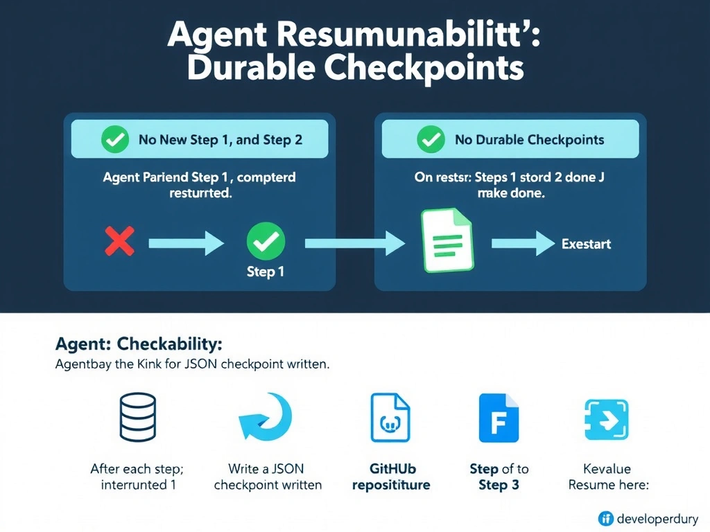 Educational infographic in 2048x1536 landscape format titled 'Agent Resumability: Durable Checkpoints'. Left panel shows a broken pattern: an agent completes Step 1 and Step 2, gets interrupted, restarts, and loops back to Step 1 with a red X labeled 'No checkpoint written'. Right panel shows the correct pattern: after each step, a green checkmark icon shows the agent writing a JSON checkpoint file to a persistent store labeled 'Durable Store'. On restart, the agent reads the store, sees Steps 1 and 2 done, and jumps directly to Step 3 with a blue arrow labeled 'Resume here'. Bottom row shows three example stores: a database cylinder, a GitHub repository file icon, and a key-value cache. Color palette: dark navy background with teal and white accents. Clean, technical illustration style suitable for a developer certification study guide.