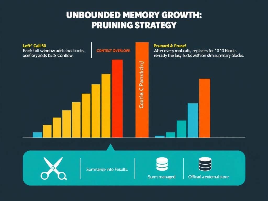 Educational infographic in 2048x1536 landscape format titled 'Unbounded Memory Growth: Pruning Strategy'. Left panel shows a growing context window bar chart: each tool call adds a full-width colored block to a vertical bar. At call 50, the bar overflows a dashed red 'Max Context' ceiling line with a crash icon and 'Context Overflow!' label. Right panel shows the pruned version: after every 10 tool calls, a 'Summarize & Prune' step replaces the last 10 raw blocks with one slim summary block. The bar stays well below the ceiling at call 50. Bottom strip shows three pruning strategies as icons: scissors labeled 'Discard old results', a compression icon labeled 'Summarize into one block', and a database labeled 'Offload to external store'. Color palette: dark background, orange-to-red gradient for the overflowing bar, cool blue for the managed bar, white and teal typography. Technical educational illustration style.