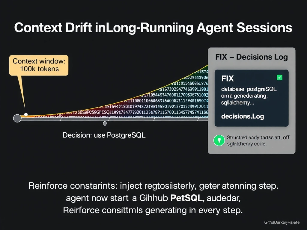 2048x1536 landscape infographic titled 'Context Drift in Long-Running Agent Sessions'. Center: horizontal context window bar showing 100k tokens, early section labeled 'Decision: use PostgreSQL' highlighted but faded with low-attention shading, right portion labeled 'Current position: generating SQLite code' with high attention shading. Left callout: attention decay curve showing how early tokens receive lower weight. Right panel labeled 'FIX — Decisions Log': structured decisions.json file showing {database: postgresql, orm: sqlalchemy...}, injected at start of each reasoning step shown with green pin, agent now consistently generating PostgreSQL code. Bottom: 'Reinforce constraints: inject decisions log at every step.' GitHub dark palette.