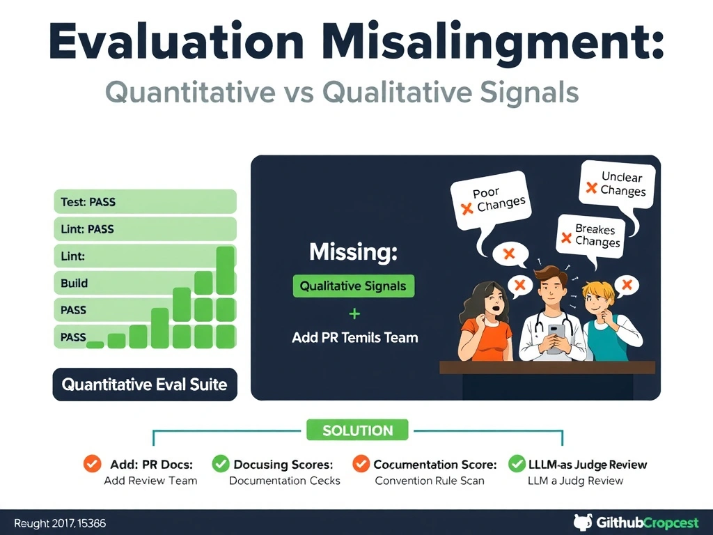 2048x1536 landscape educational infographic titled 'Evaluation Misalignment: Quantitative vs Qualitative Signals'. Split layout: left half shows a green checkmark dashboard with metrics like 'Tests: PASS', 'Lint: PASS', 'Build: PASS' under the heading 'Automated Eval Suite'. Right half shows a frustrated review team looking at confusing pull requests labeled 'Poor Docs', 'Unclear Changes', 'Breaks Conventions' with red X marks. Center bridge arrow labeled 'Missing: Qualitative Signals'. Bottom section shows a solution panel: 'Add PR Template Checks', 'Documentation Score', 'Convention Rule Scan', 'LLM-as-Judge Review'. Clean tech style, GitHub color palette (dark navy, green, white), professional and clear.
