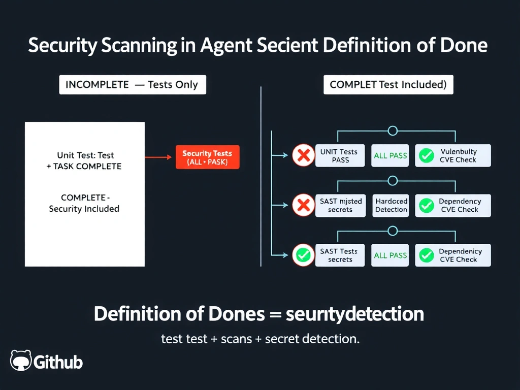 2048x1536 landscape infographic titled 'Security Scanning in Agent Definition of Done'. Left panel labeled 'INCOMPLETE — Tests Only': agent flow ends at 'Unit Tests: PASS → TASK COMPLETE', security team later runs scan finding SQL injection (red), hardcoded secrets (red), vulnerable dependency (red). Right panel labeled 'COMPLETE — Security Included': agent flow shows 'Unit Tests → SAST Scan → Secret Detection → Dependency CVE Check → ALL PASS → TASK COMPLETE', each scan tool shown with green checkmark. Bottom: 'Definition of Done for security-sensitive code = tests + scans + secret detection.' GitHub dark palette.
