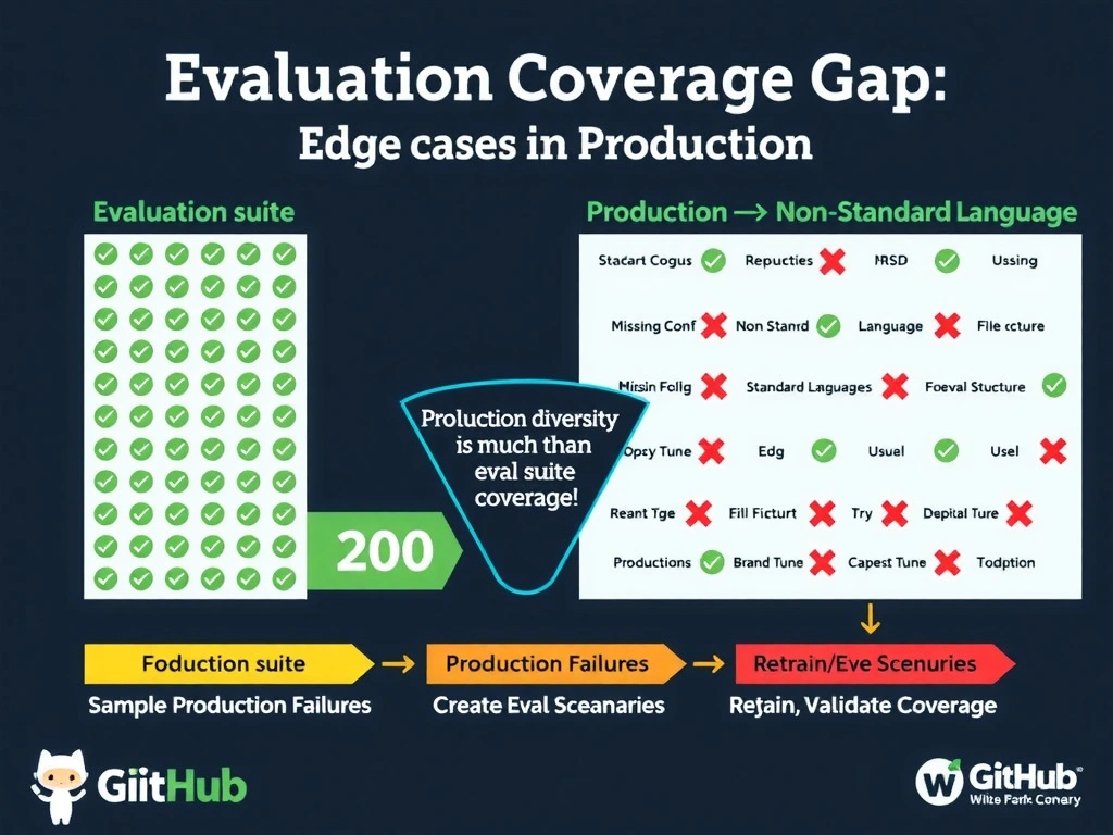 2048x1536 landscape educational infographic titled 'Evaluation Coverage Gap: Edge Cases in Production'. Left panel shows a neat evaluation suite with 200 green checkmark scenarios, all labeled 'Standard Repository'. Right panel shows a production environment with diverse repositories including 'Missing Config', 'Non-Standard Language', 'Unusual File Structure' — all with red X marks. Center shows a funnel graphic: production diversity is much wider than eval suite coverage. Bottom section shows the solution: 'Sample Production Failures → Create Eval Scenarios → Retrain/Tune → Validate Coverage'. Arrow cycle diagram. GitHub color palette, clean educational style.