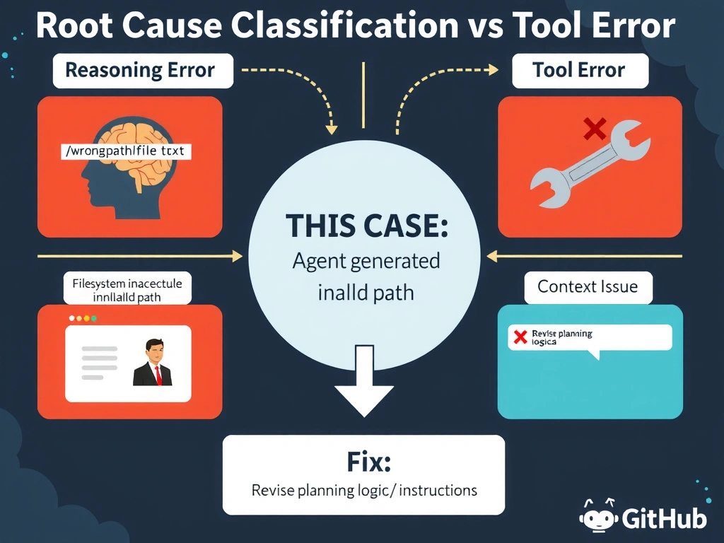2048x1536 landscape educational infographic titled 'Root Cause Classification: Reasoning Error vs Tool Error'. Four-quadrant diagram: top-left 'Reasoning Error' (agent constructs wrong input, illustrated by agent brain with bad path '/wrong/path/file.txt'); top-right 'Tool Error' (tool itself broken, illustrated by wrench with red X); bottom-left 'Environment Constraint' (filesystem inaccessible, network blocked); bottom-right 'Context Issue' (missing information in context window). Center circle shows 'Classify Before Fixing'. Large callout arrow highlighting top-left quadrant with 'THIS CASE: Agent generated invalid path'. Fix box at bottom: 'Revise planning logic / instructions'. GitHub dark palette, clean diagnostic style.