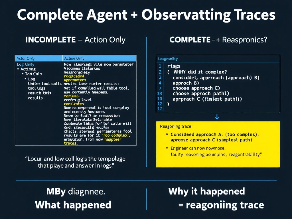 2048x1536 landscape infographic titled 'Complete Agent Observability: Action + Reasoning Traces'. Left panel labeled 'INCOMPLETE — Action Only': log view showing tool calls with parameters and results, no reasoning visible, engineer asking 'WHY did it choose this approach?' with no answer in logs. Right panel labeled 'COMPLETE — Action + Reasoning': two-pane view — left pane shows tool call log, right pane shows corresponding reasoning trace 'Considered approach A (too complex), approach B (deprecated), chose approach C (simplest path)'. Engineer can now diagnose the faulty reasoning assumption highlighted in yellow. Bottom: 'What happened = action log. Why it happened = reasoning trace.' GitHub dark palette.
