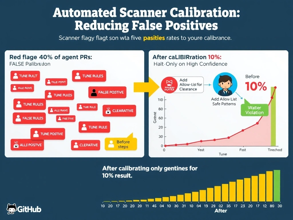 2048x1536 landscape educational infographic titled 'Automated Scanner Calibration: Reducing False Positives'. Left panel shows a scanner flagging 40% of agent PRs with red alerts, many labeled 'FALSE POSITIVE'. An agent icon is frozen/halted with a 'WAITING FOR CLEARANCE' badge. Right panel shows the solution: 'Tune Rules', 'Add Allow-List for Safe Patterns', 'Threshold: Halt Only on High Confidence'. After calibration, the scanner now flags only genuine violations (10% rate) with green pass-throughs for safe patterns. Bottom shows a comparison chart: Before vs After false positive rate. Color-coded: red for false positives, yellow for calibration steps, green for tuned result. GitHub style.