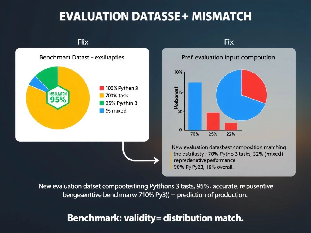 2048x1536 landscape infographic titled 'Evaluation Dataset Distribution Mismatch'. Left panel: benchmark composition pie chart showing 100% Python 3 examples, benchmark score 95% shown in green, MISLEADING badge. Right panel: production input distribution showing 70% Python 3, 25% Python 2, 5% mixed — pie chart showing the gap. Production performance bar chart: Python 3 tasks 95%, Python 2 tasks 32% (red). Fix panel: new evaluation dataset composition matching production distribution (70% Py3, 25% Py2, 5% mixed), representative benchmark now shows 71% overall — accurate prediction of production. Bottom: 'Benchmark validity = distribution match.' GitHub dark palette.